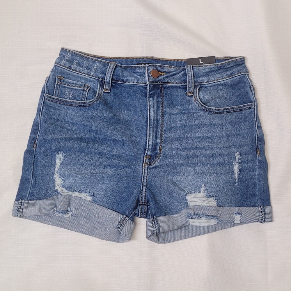 LARGE Cuffed Distressed Denim Blue Jean Shorts NEW
